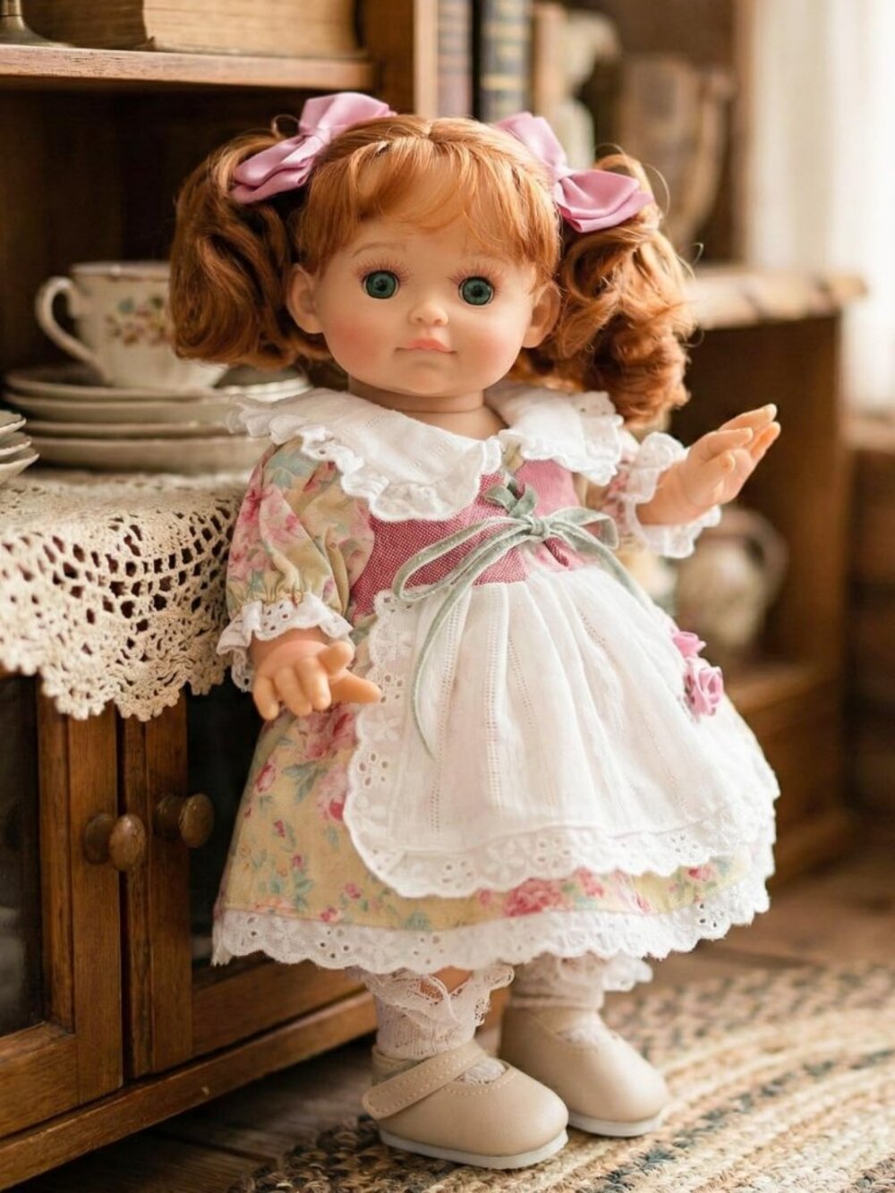Realistic 12" Reborn Baby Doll with Red Hair, Vintage Floral Dress, Gift for